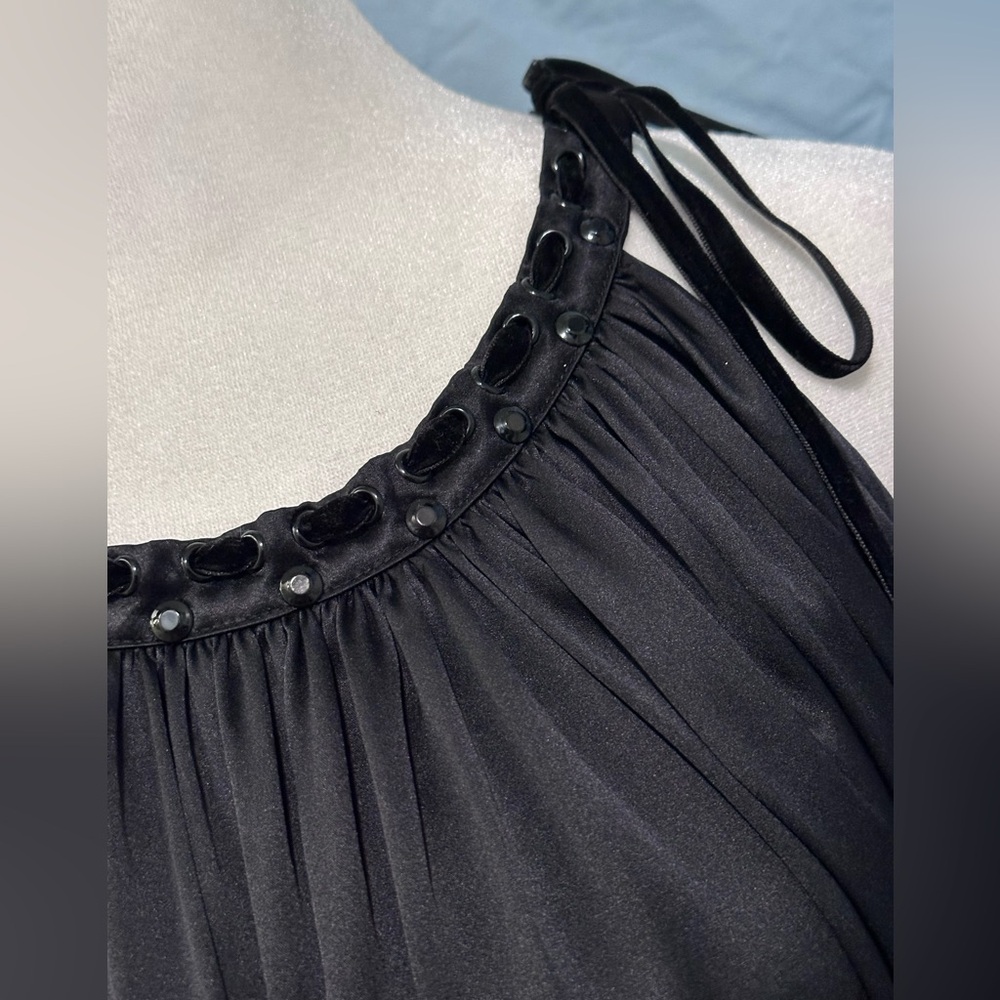 E2 Black Babydoll Midi Dress w/ Studded Detail 100% Soft Satin Silk NWT Size 12 - Picture 5 of 8